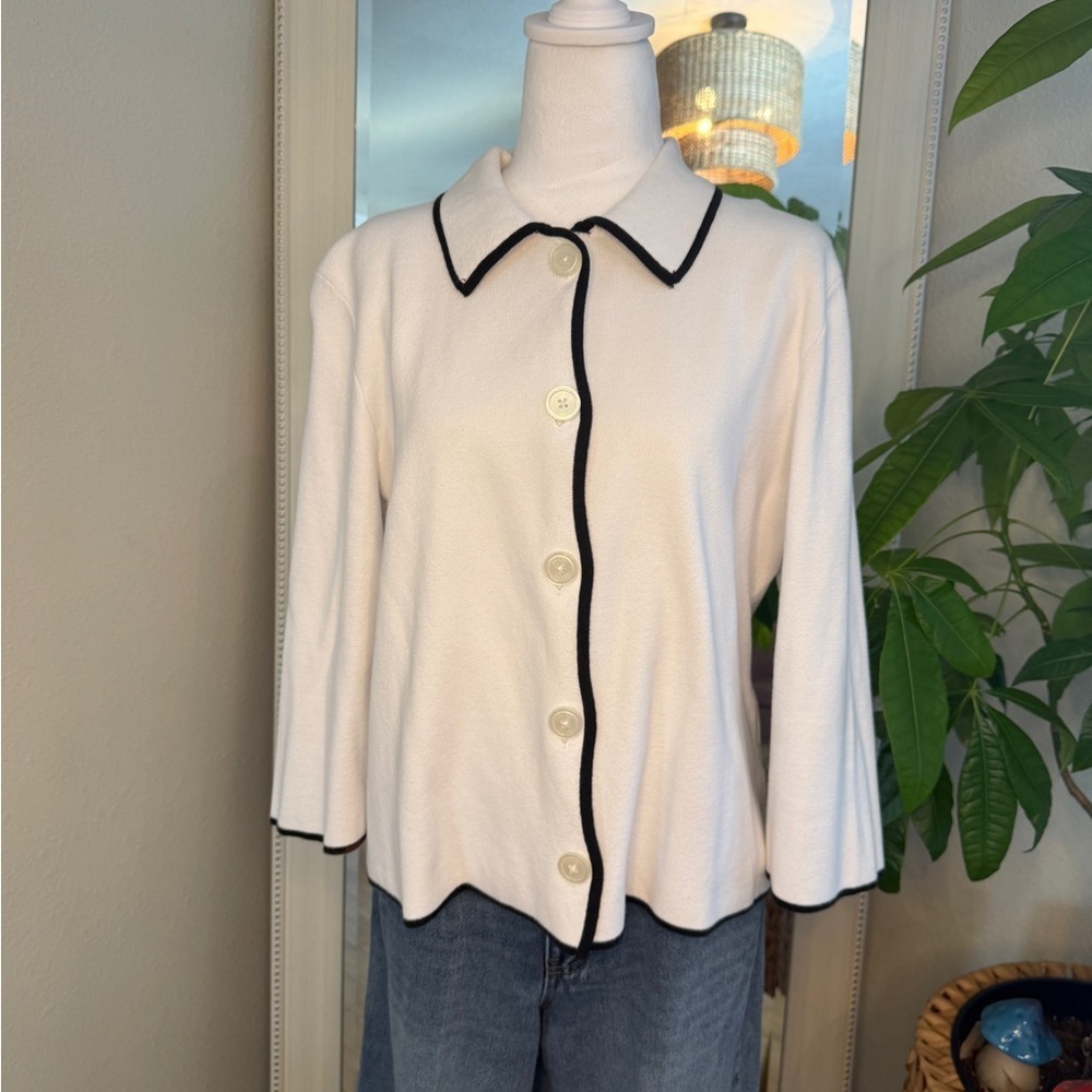 Chaps Ivory Cardigan with Black Accents